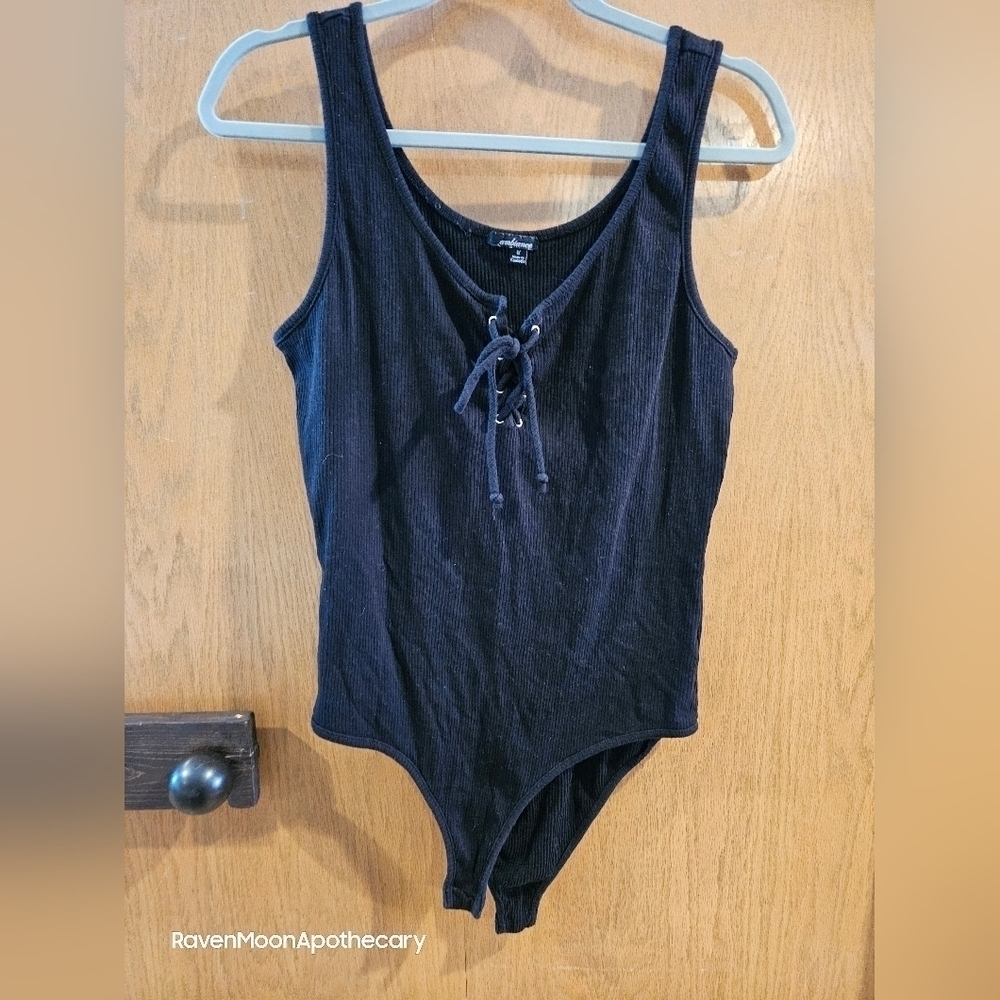 Ambiance 1X Womens Black Ribbed Bodysuit